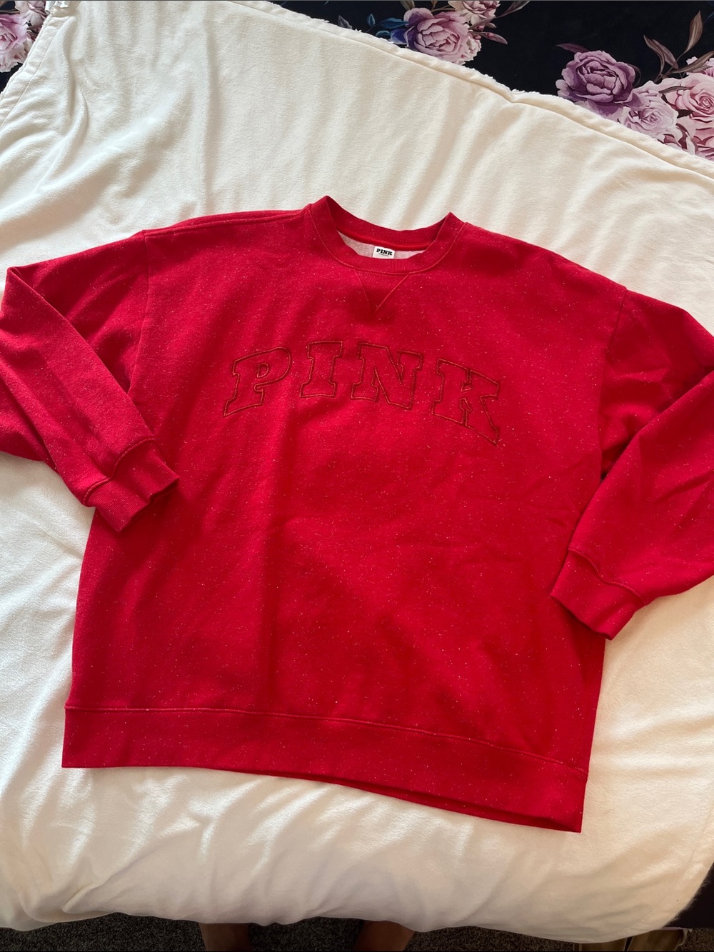 PINK Victoria's Secret Red Crewneck Sweatshirt with Embroidered Logo